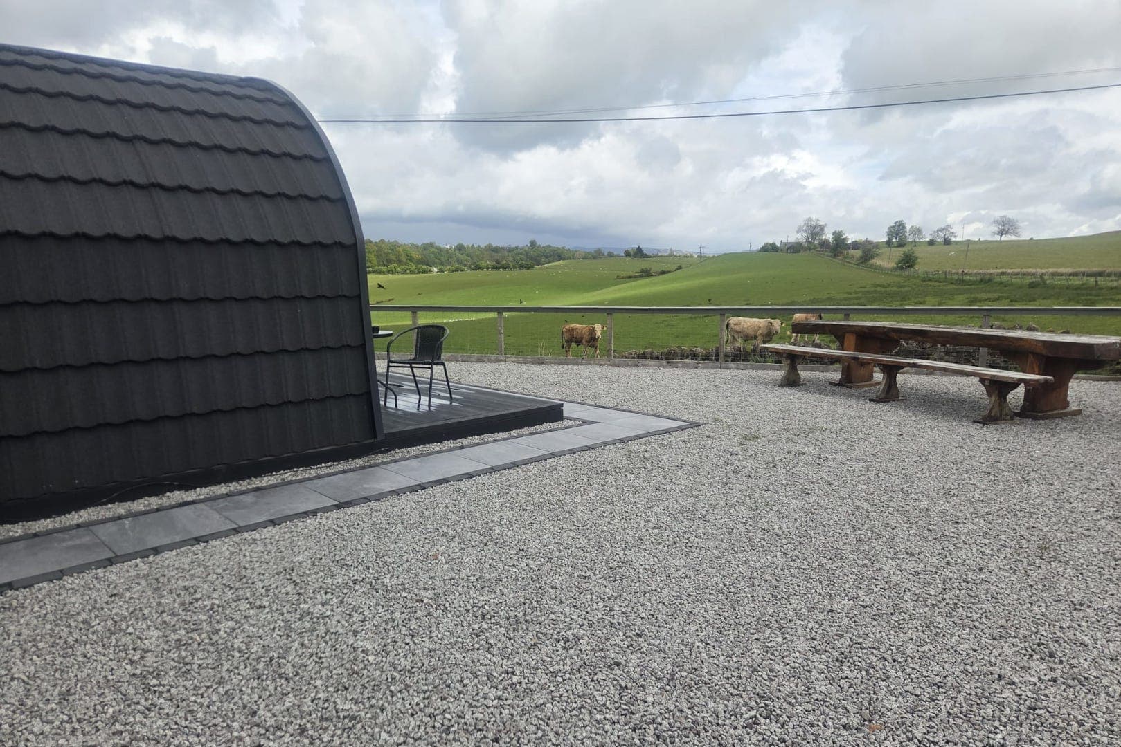 The curved roof of a pod, with cattle grazing in the field beyond
