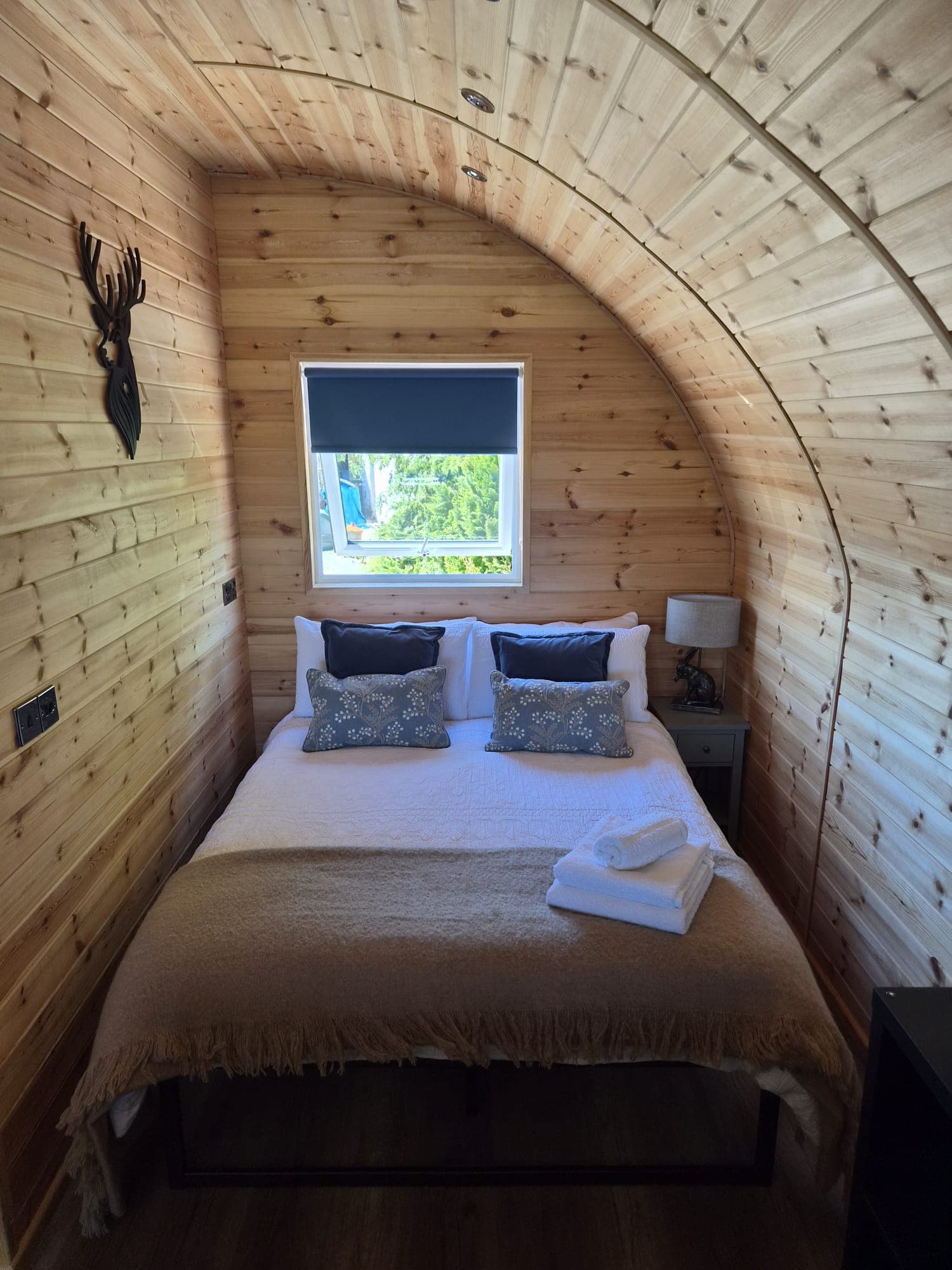 Inside the Thistle Pod: the double bed under the curved timber ceiling